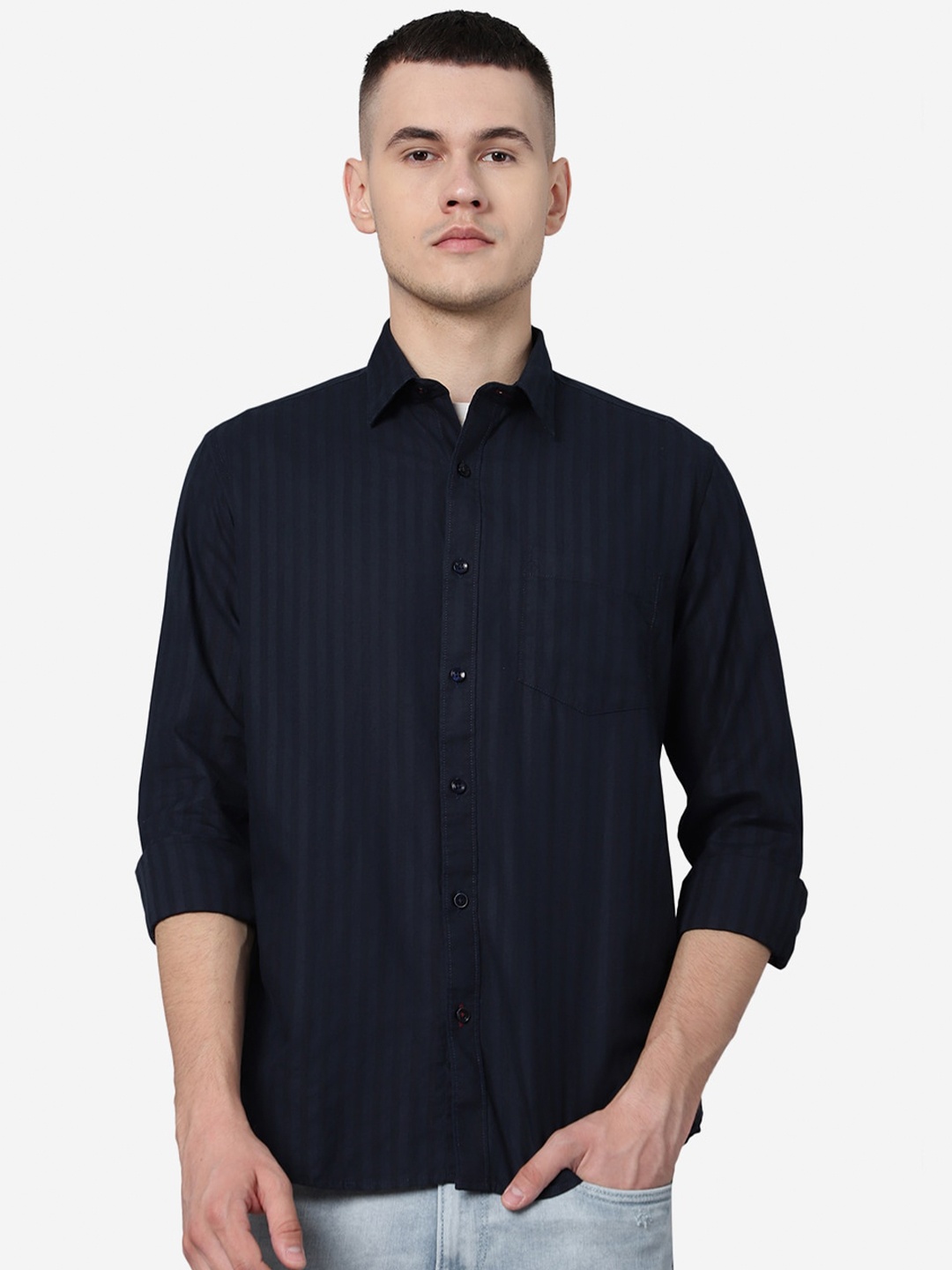 

Greenfibre Vertical Striped Spread Collar Cotton Casual Shirt, Navy blue