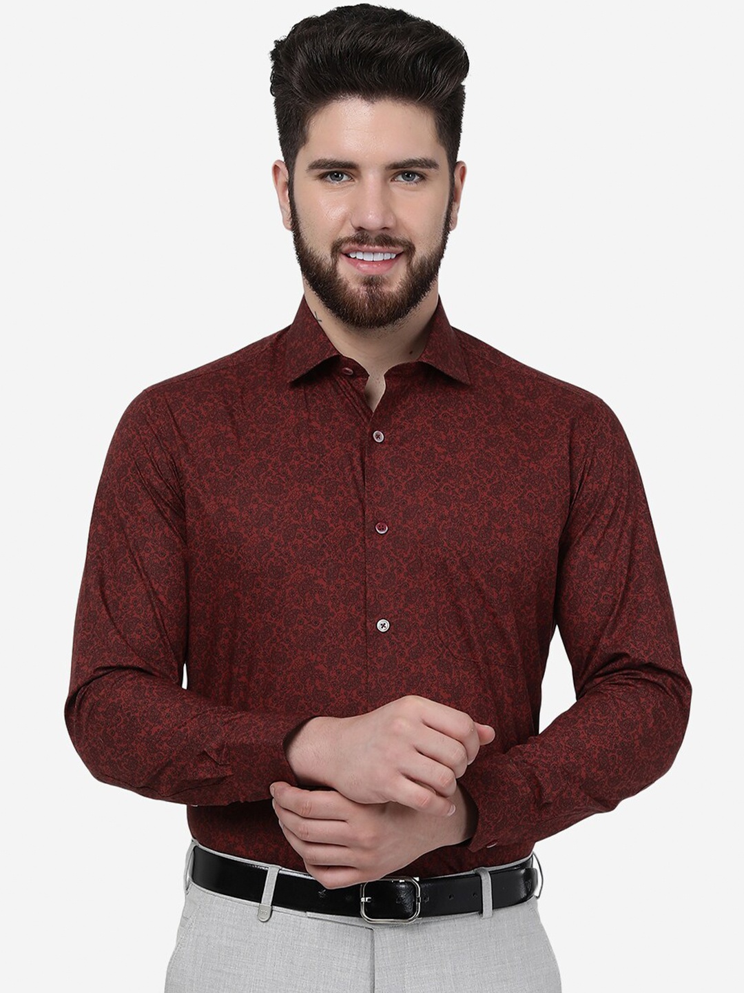 Greenfibre Floral Printed Spread Collar Formal Shirt, Maroon