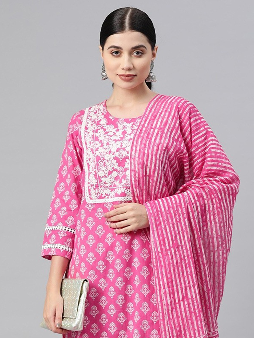 

Readiprint Women Floral Yoke Design Pure Cotton Kurta with Palazzos & Dupatta, Pink