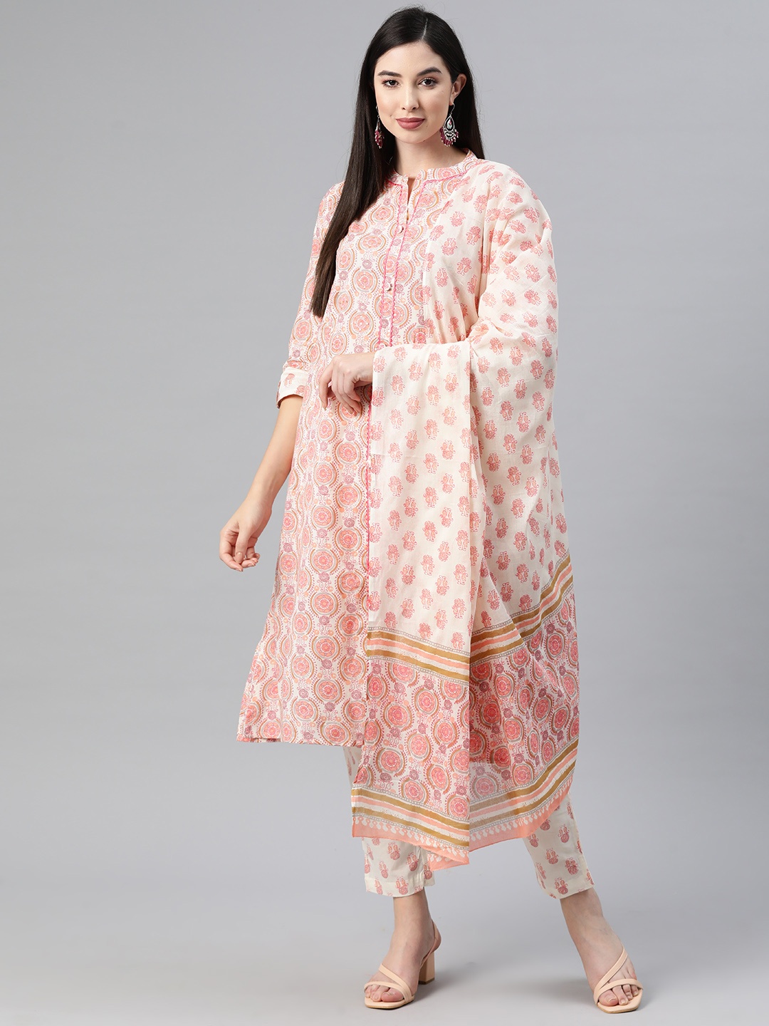 

Readiprint Fashions Floral Printed Sequinned Pure Cotton Kurta With Trousers & Dupatta, Pink