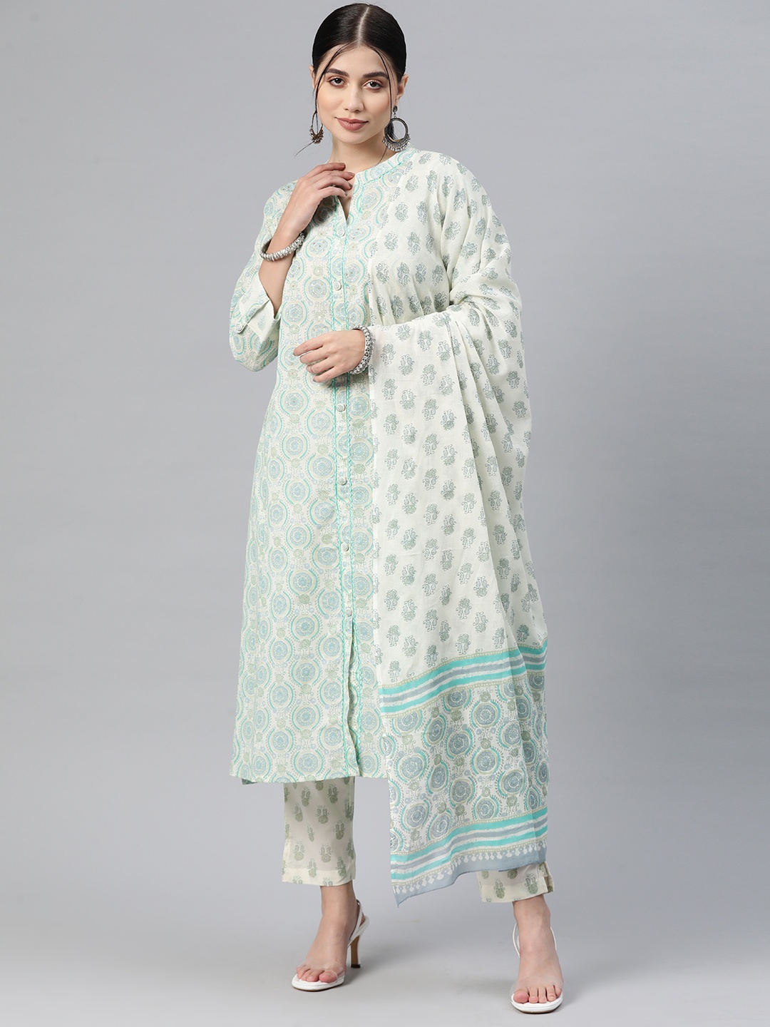 

Readiprint Fashions Floral Printed Sequinned Pure Cotton Kurta With Trousers & Dupatta, Turquoise blue