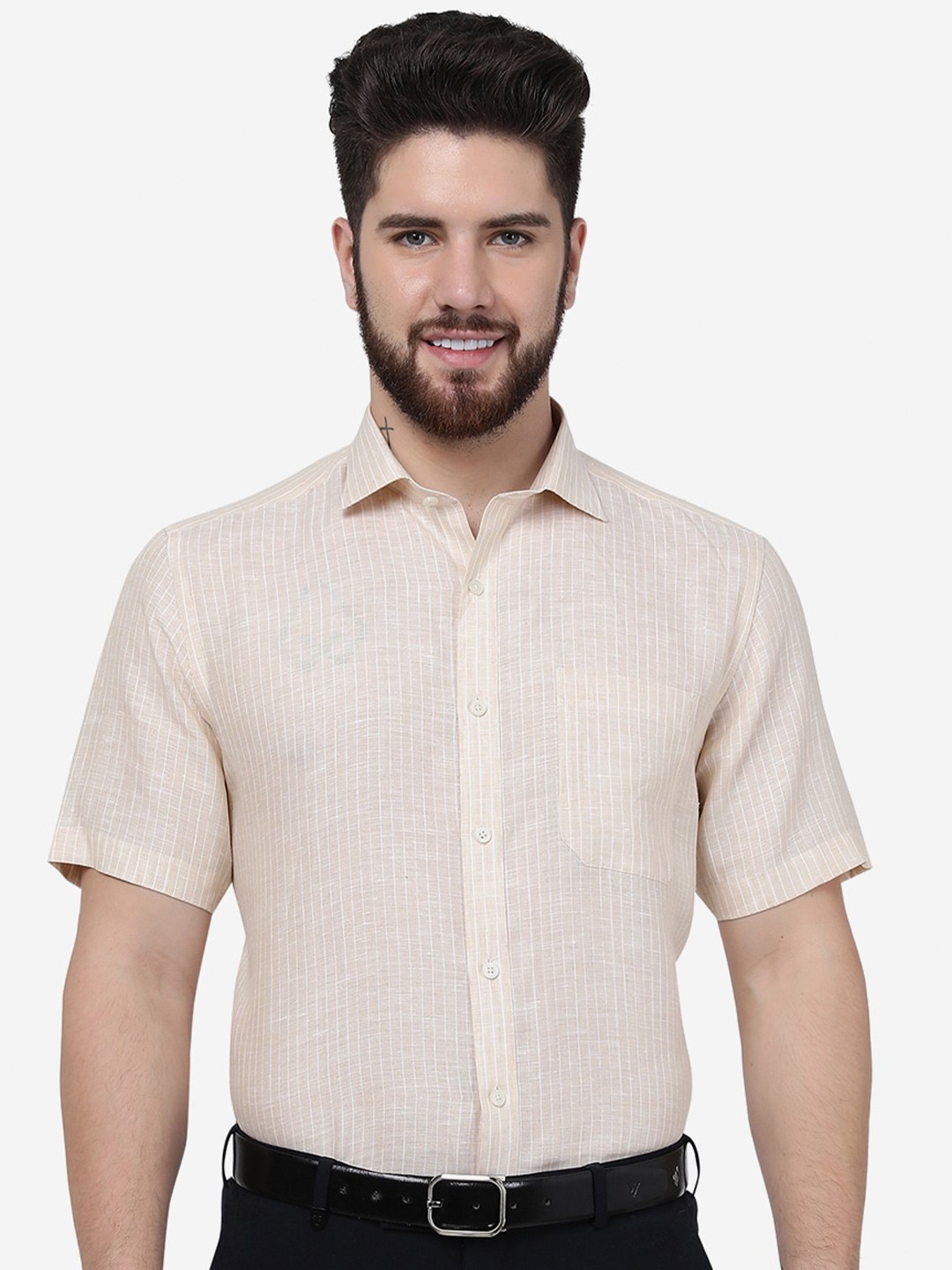 

JADE BLUE Striped Spread Collar Formal Shirt, Khaki