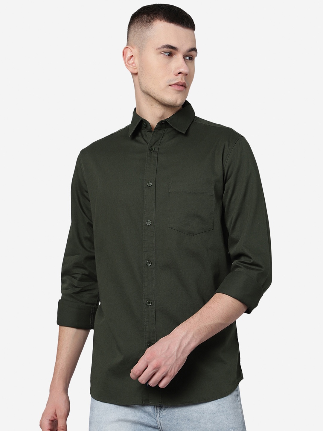 

JADE BLUE Spread Collar Slim Fit Casual Pure Cotton Shirt, Olive