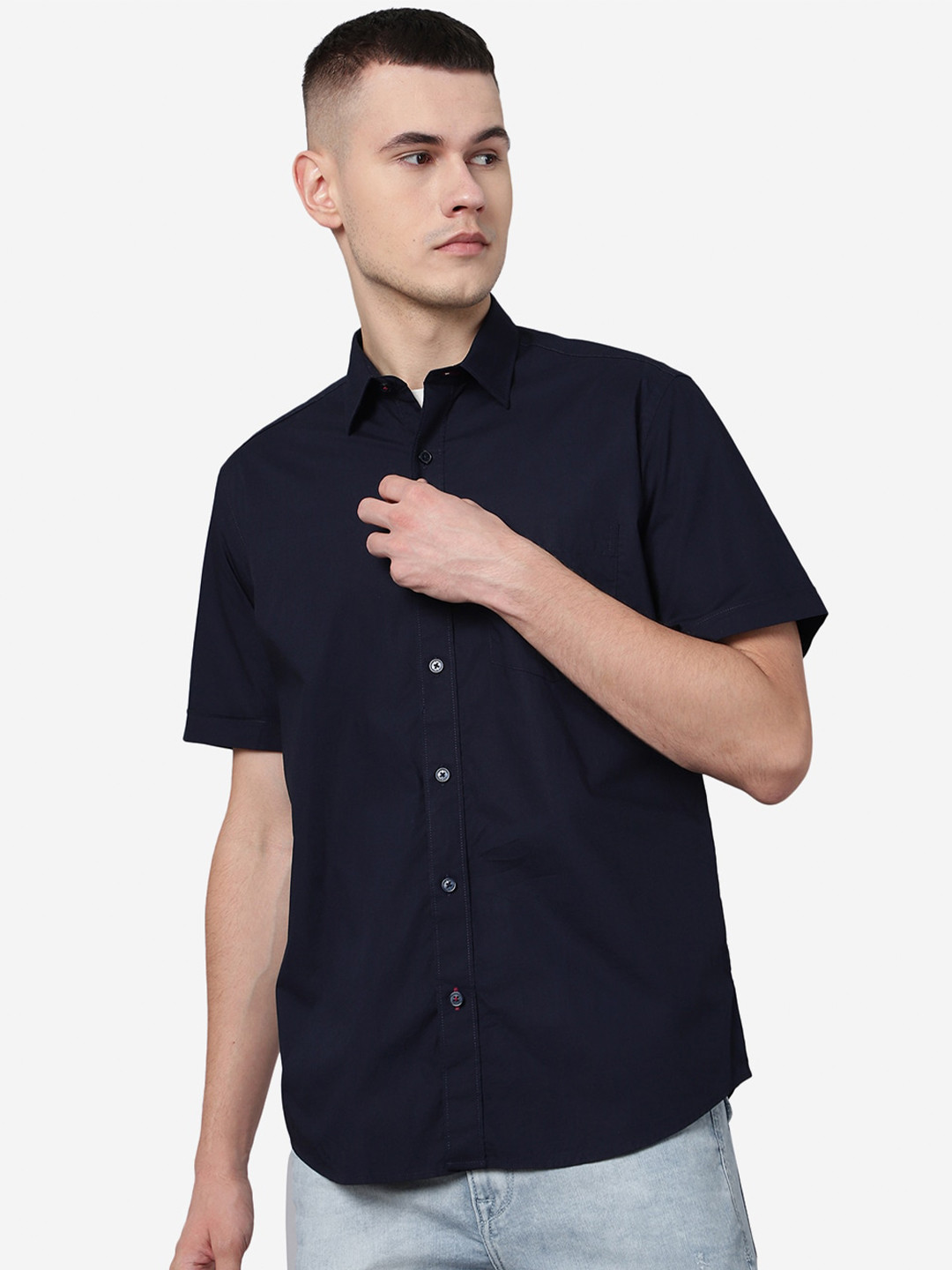 

JADE BLUE Slim Fit Spread Collar Casual Pure Cotton Shirt