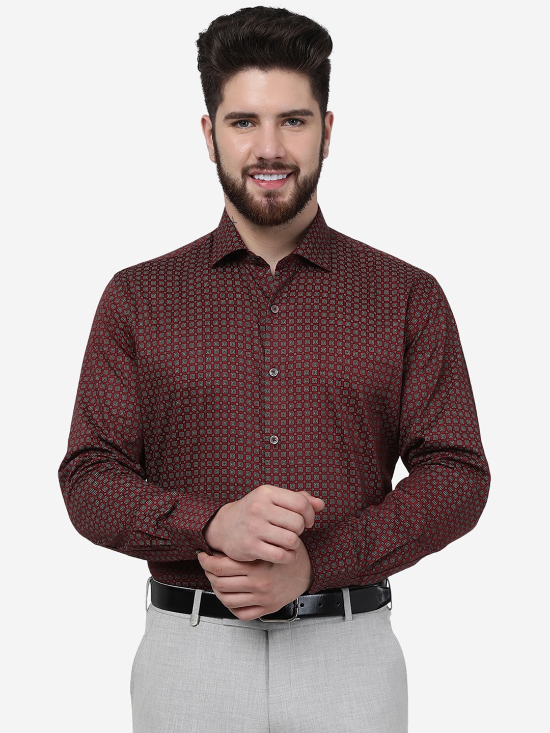 

JADE BLUE Spread Collar Micro Ditsy Printed Formal Pure Cotton Shirt, Maroon