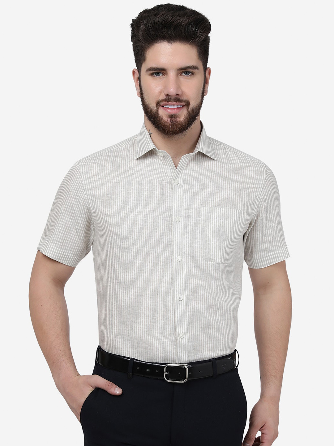 

JADE BLUE Spread Collar Striped Formal Linen Shirt, Beige