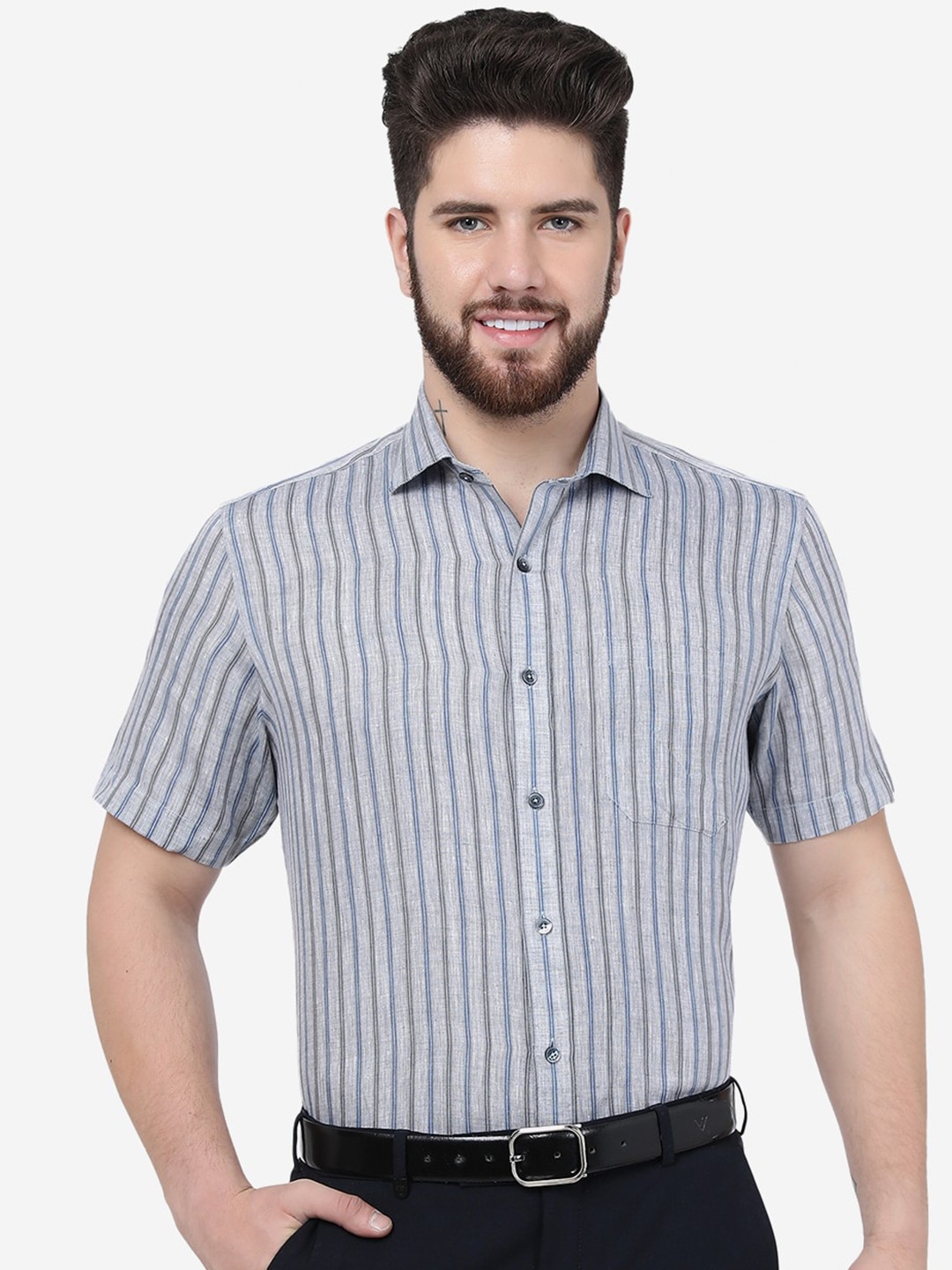 

JADE BLUE Spread Collar Striped Formal Linen Shirt