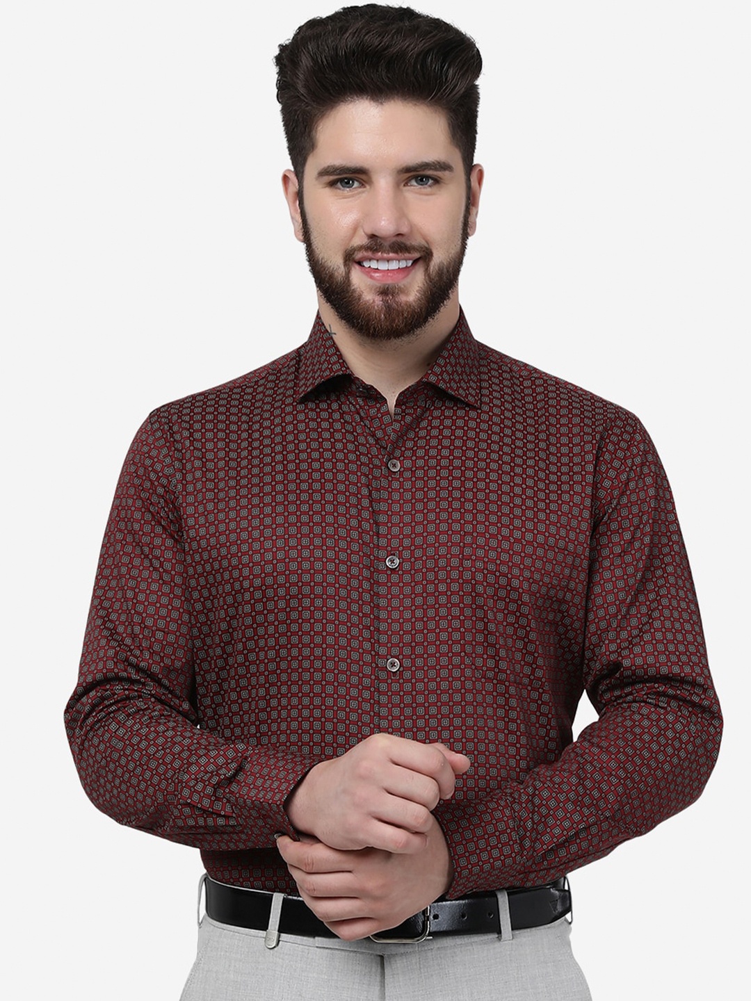 

JADE BLUE Spread Collar Micro Ditsy Printed Formal Pure Cotton Shirt, Maroon