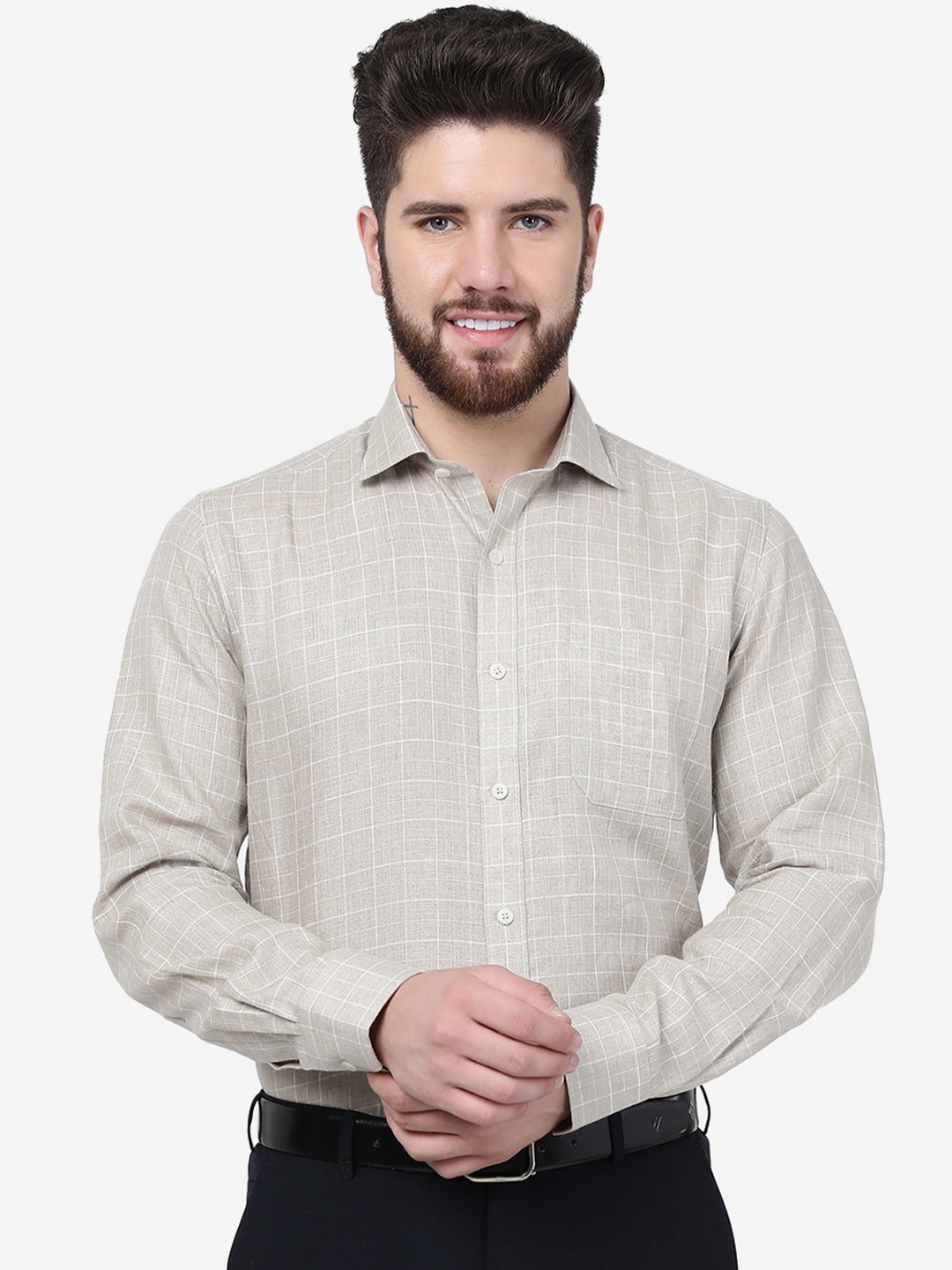 

JADE BLUE Spread Collar Checked Formal Linen Shirt, Beige