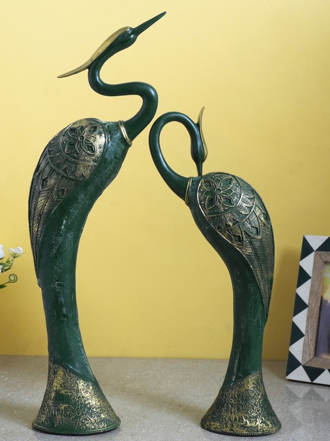 

The Decor Mart Seaweed Green 2 Pieces Carved Distress Peacock Showpiece