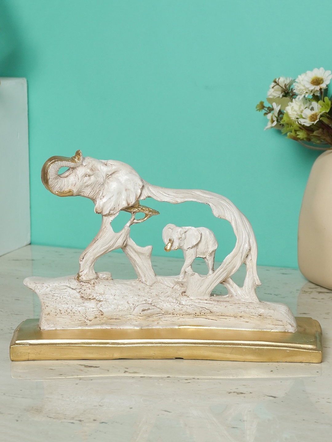 

The Decor Mart White Elephant Statue With Baby Elephant Animal Figurine Showpiece
