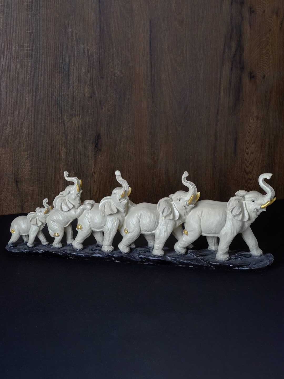 

The Decor Mart Beige Five Elephants On Base Animal Figurine Showpiece, White