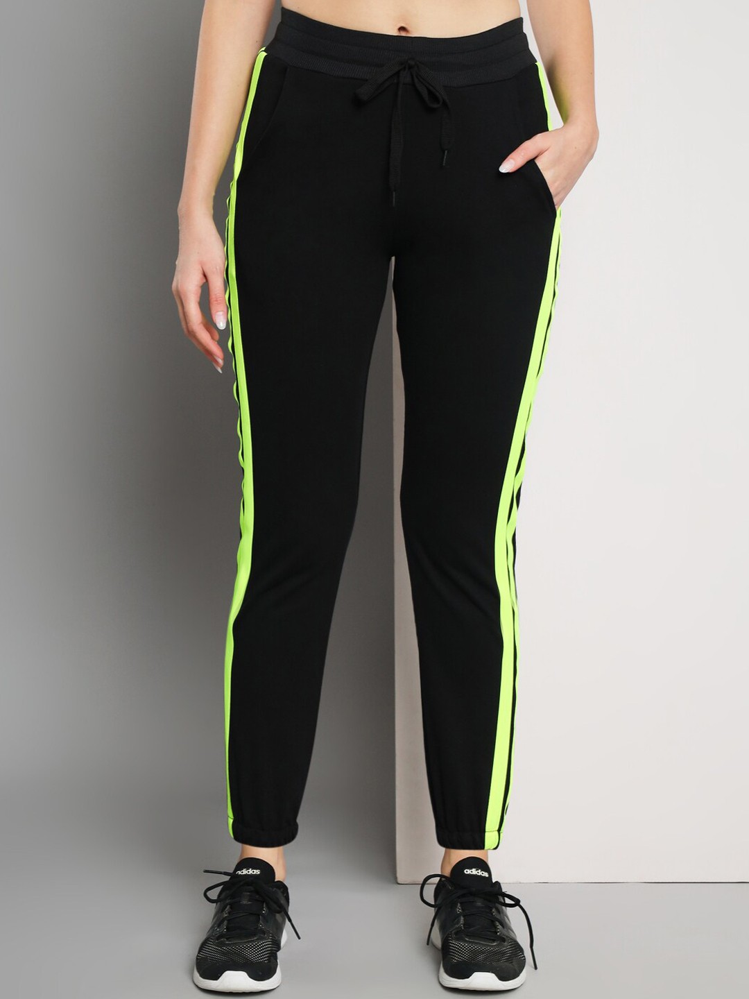 

Q-rious Women Striped Mid-Rise Cotton Joggers, Black