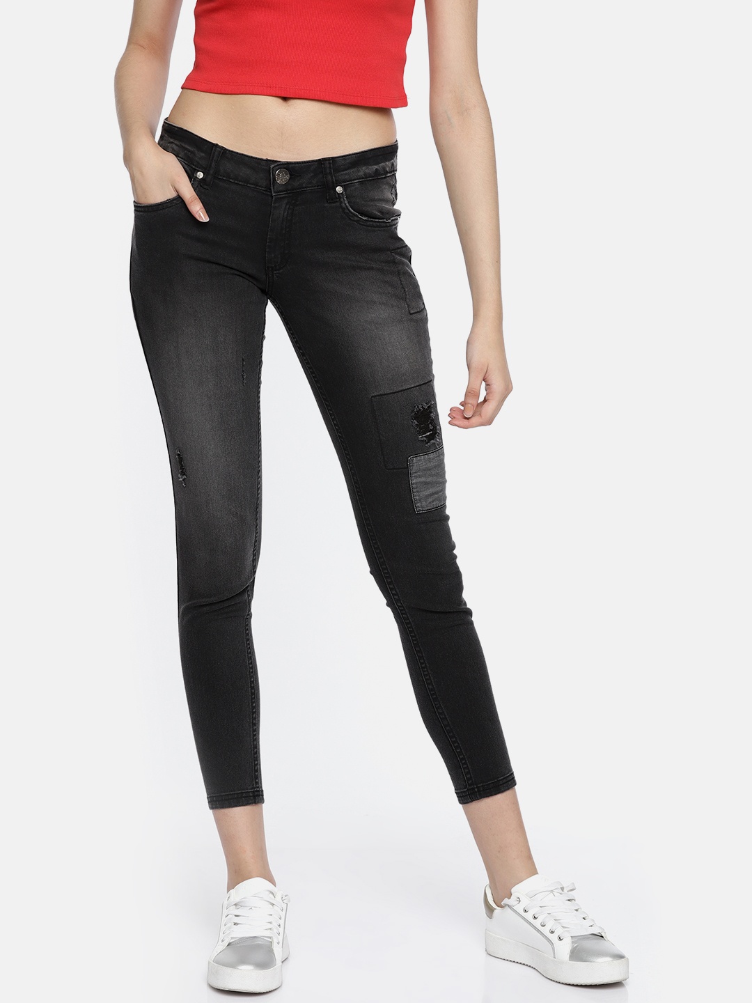

Wills Lifestyle Women Charcoal Grey Skinny Mid-Rise Mildly Distressed Stretchable Jeans