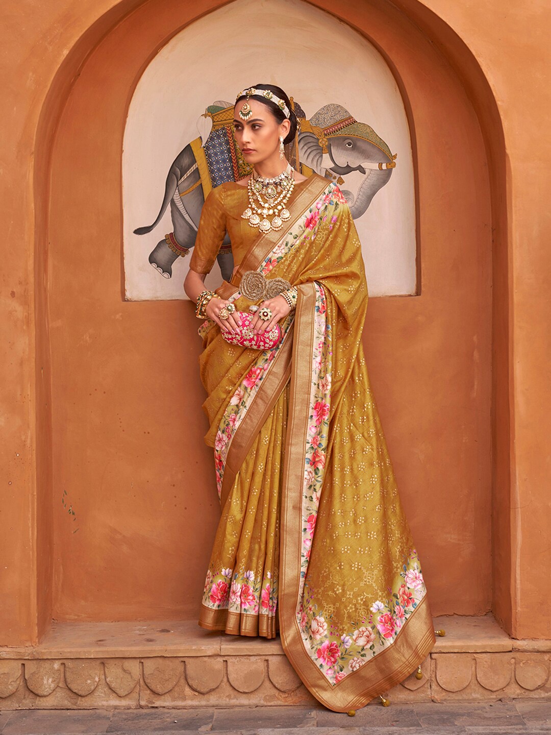 

Anouk Mustard Yellow & Pink Floral printed Zari Saree