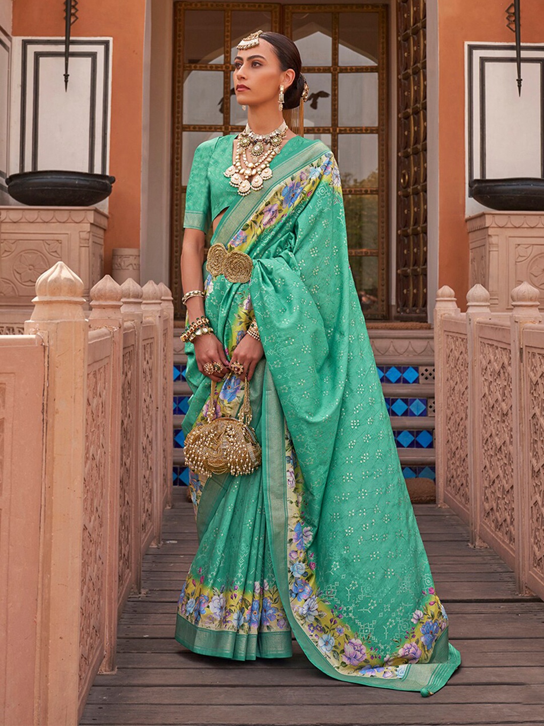 

Anouk Sea Green & Yellow Floral printed Zari Saree