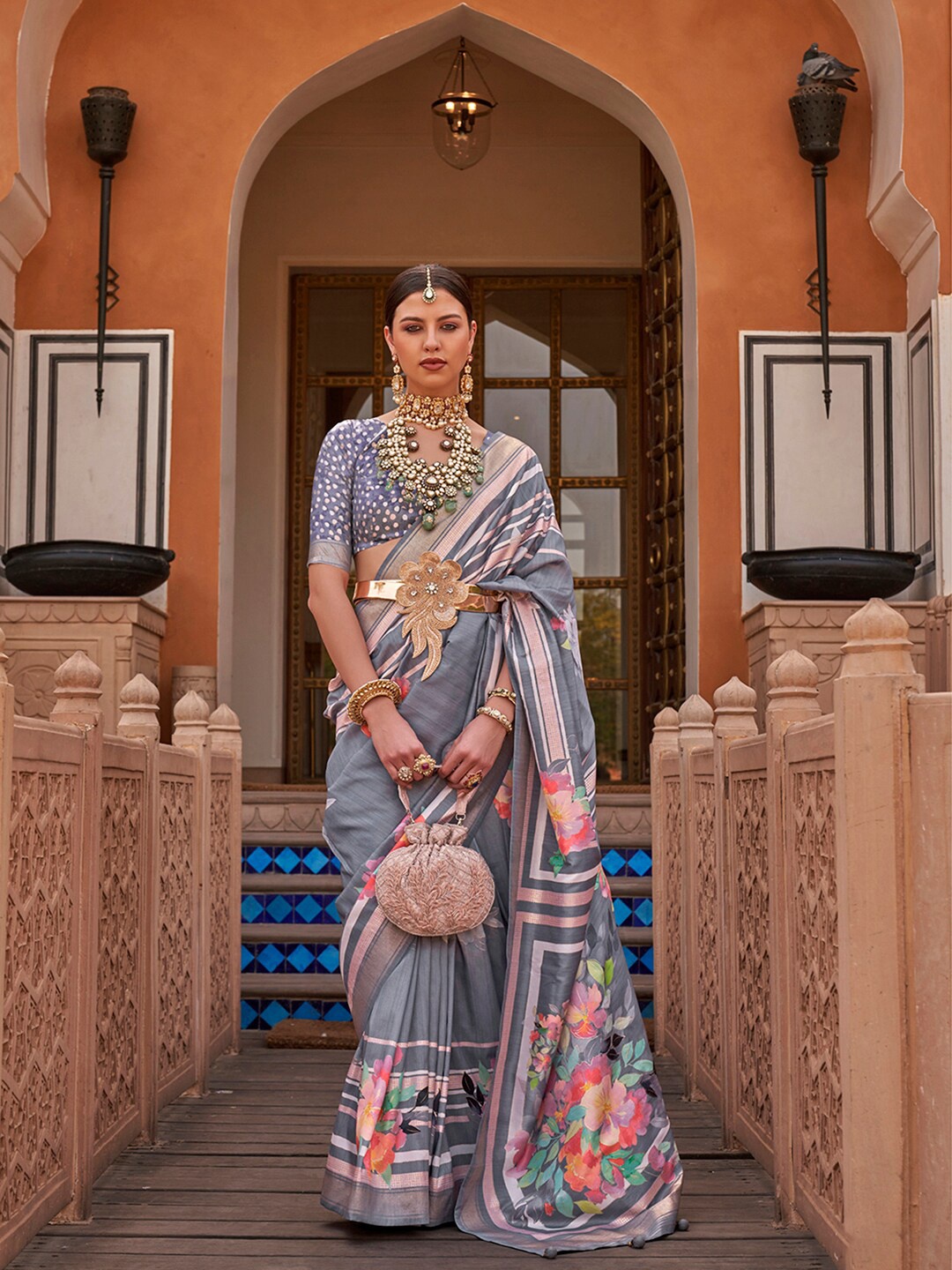 

Anouk Grey & Green Floral printed Zari Saree