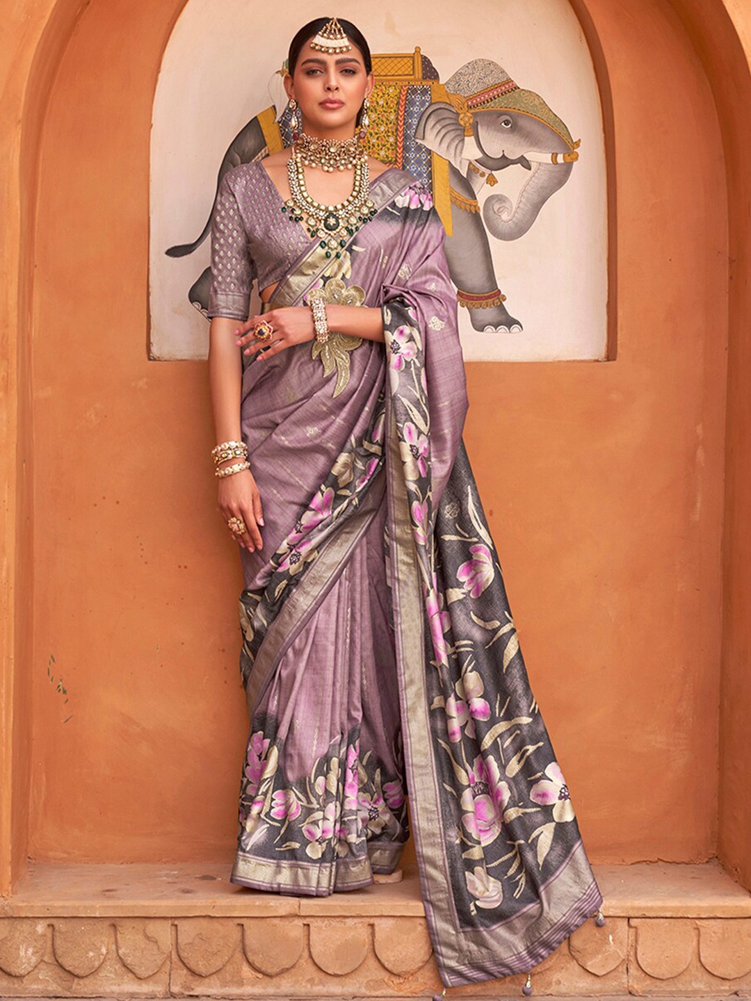 

Anouk Mauve & Pink Floral printed Zari Saree