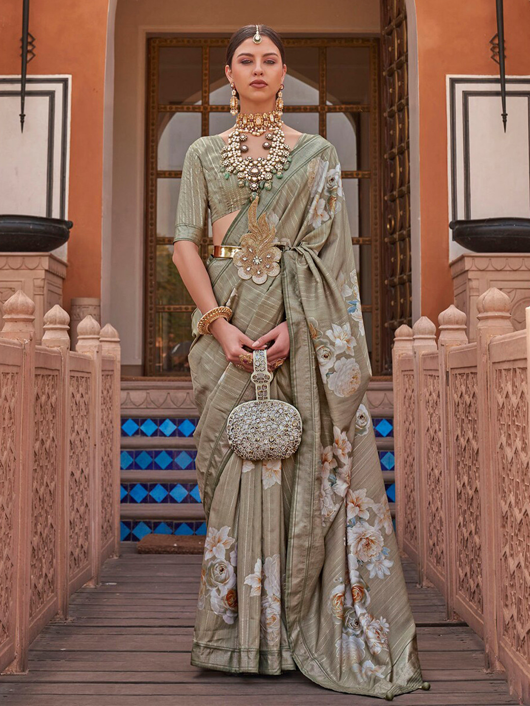

Anouk Olive Green & Off White Floral printed Zari Saree