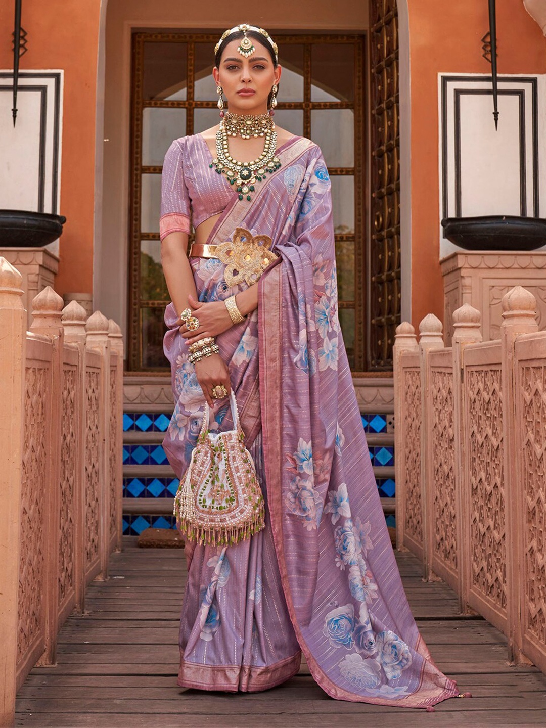 

Anouk Lavender & Blue Floral printed Zari Saree