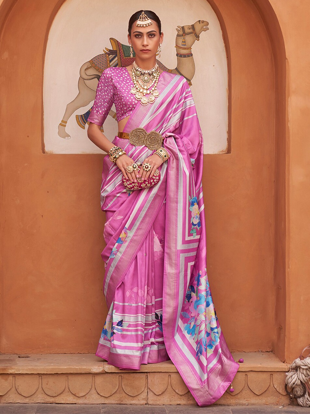 

Anouk Pink & Blue Floral printed Zari Saree