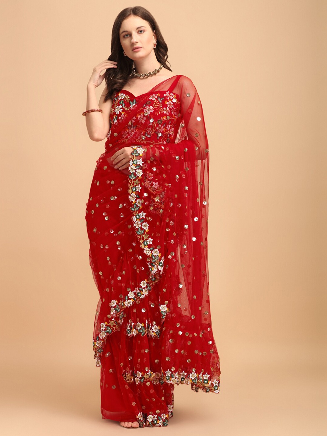 

JATRIQQ Embellished Sequinned Net Saree, Red