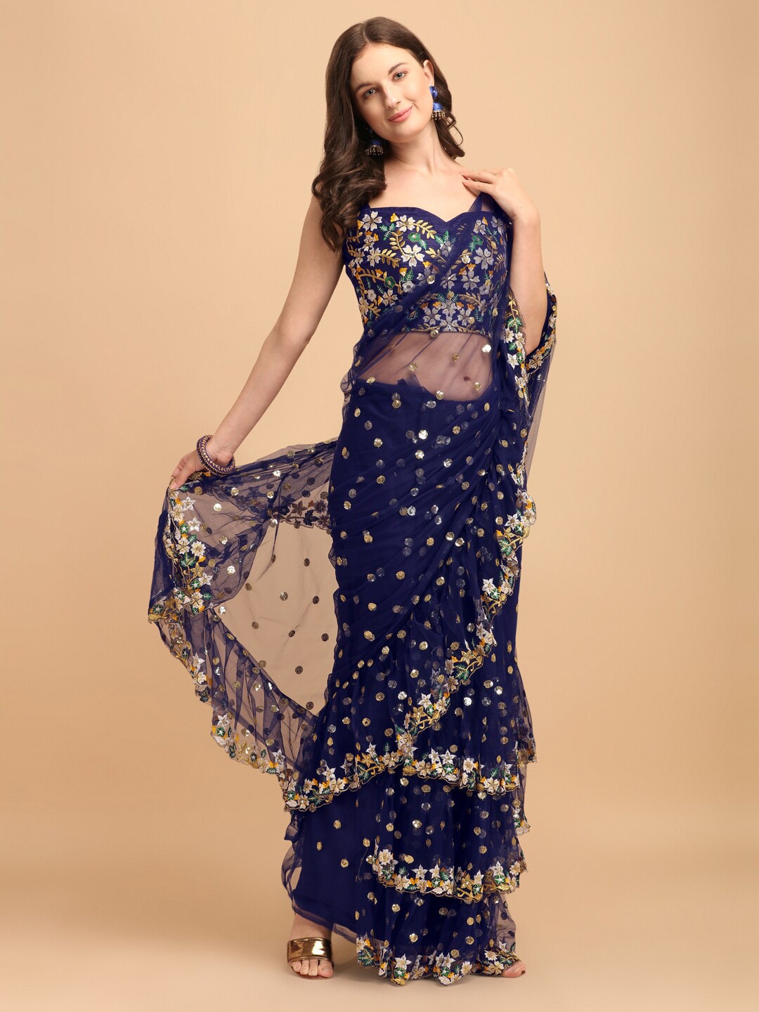 

JATRIQQ Embellished Sequinned Net Saree, Blue