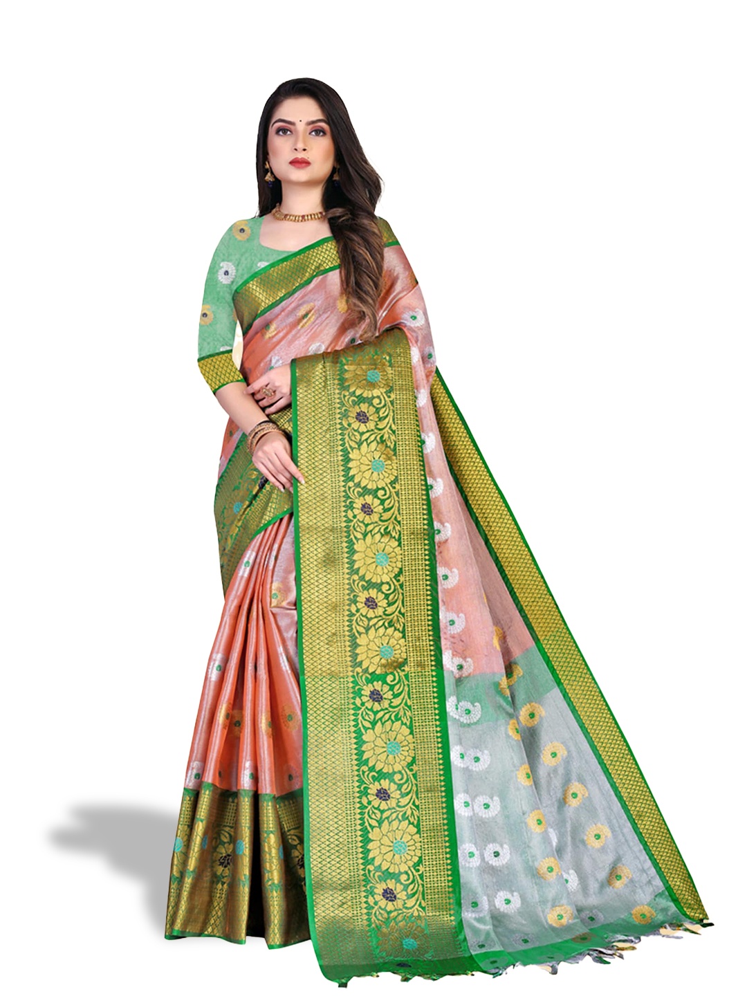 

N N ENTERPRISE Ethnic Motif Woven Design Zari Kanjeevaram Saree, Peach
