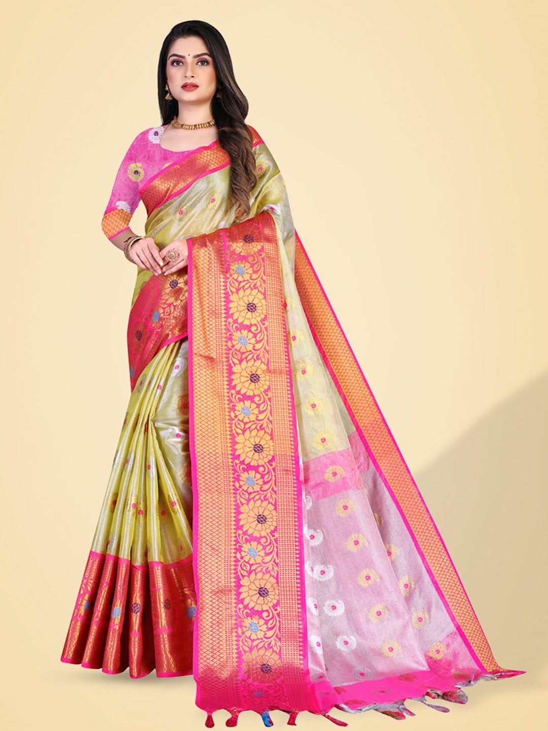 

N N ENTERPRISE Ethnic Motif Woven Design Zari Kanjeevaram Saree, Yellow