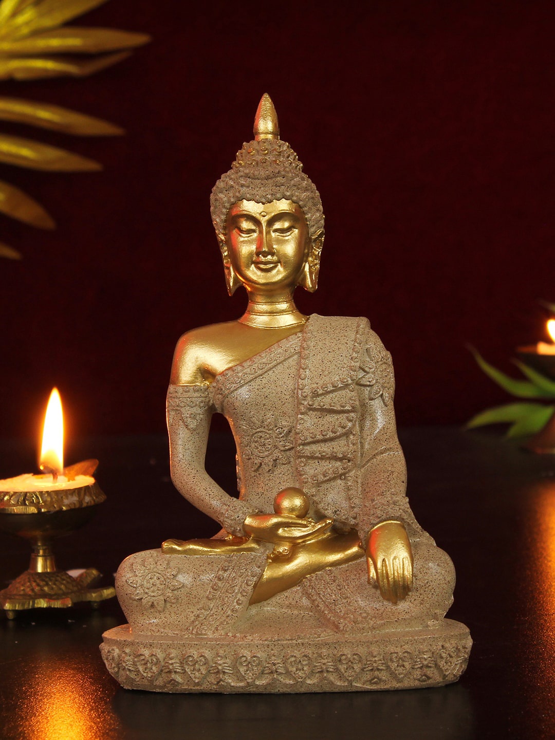 

TIED RIBBONS Gold Toned Decorative Meditating Buddha Idol Statue Showpiece
