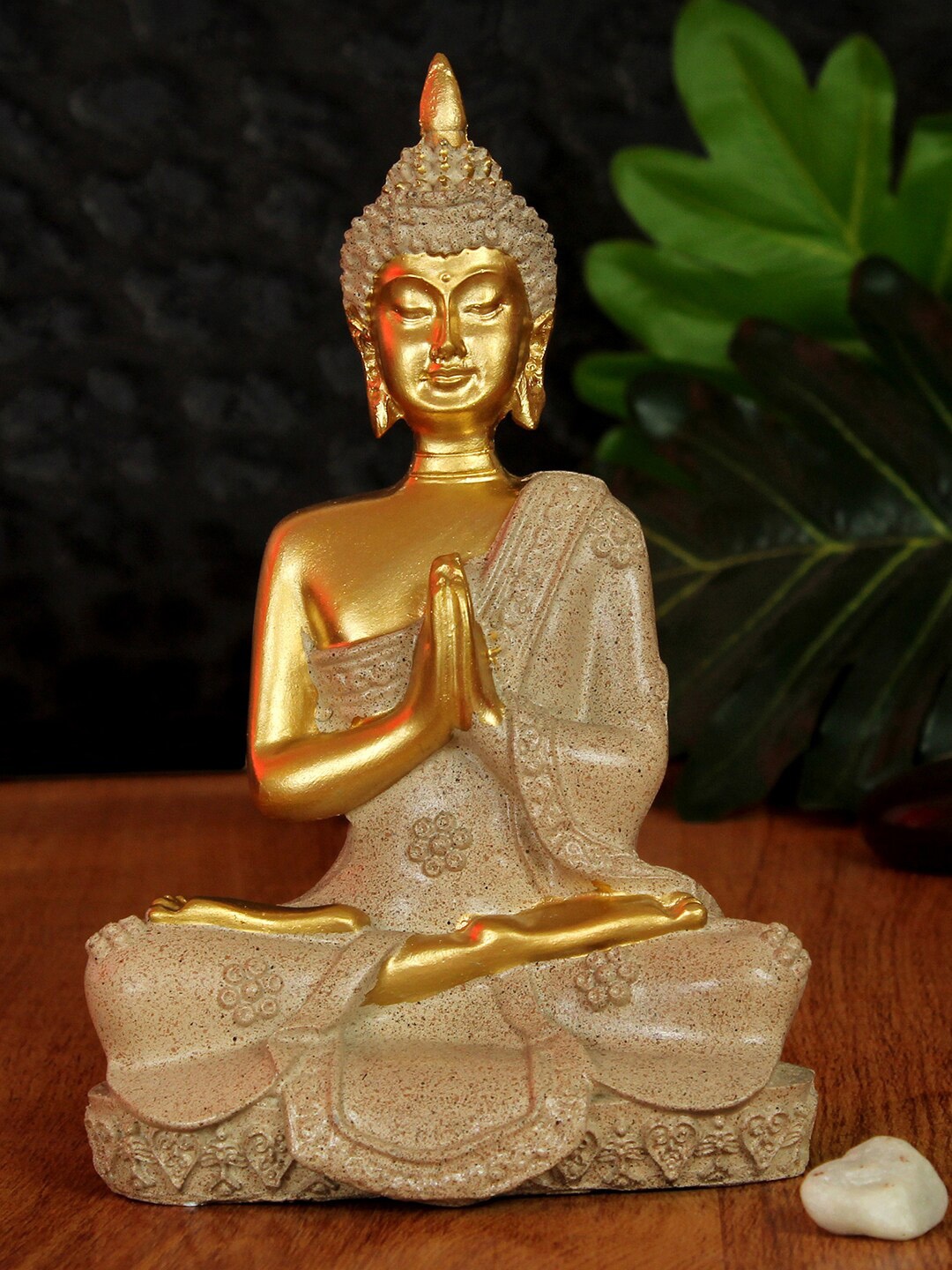 

TIED RIBBONS Gold Toned Decorative Buddha Statue Idol Showpiece, Beige