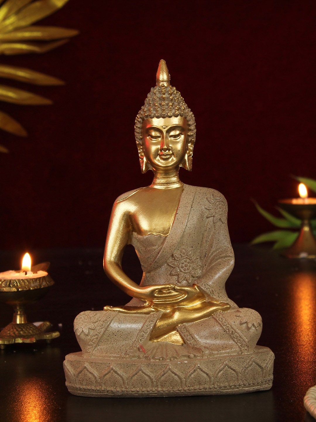 

TIED RIBBONS Gold Toned Meditating Buddha Statue Idol Decorative Showpiece