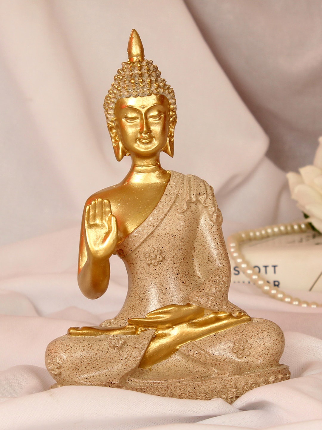 

TIED RIBBONS Gold Toned Meditating Lord Buddha Idol Statue Showpiece