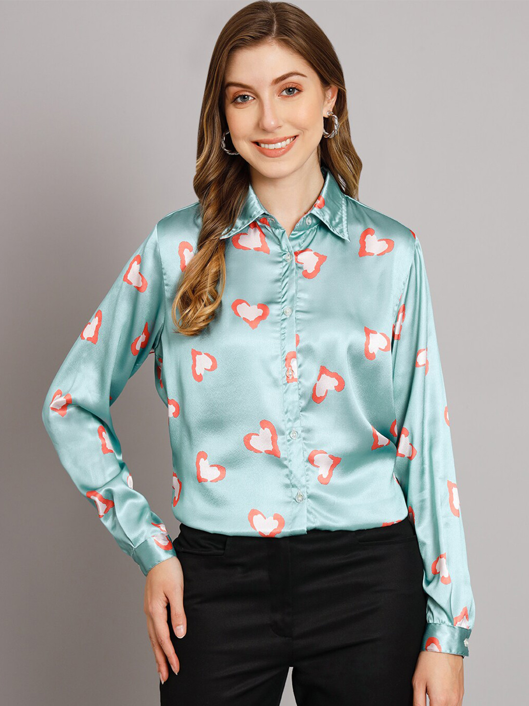 

Funday Fashion Conversational Printed Spread Collar Satin Shirt, Blue