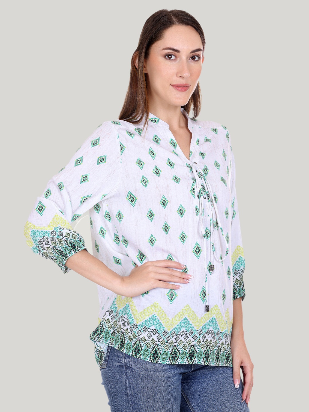 

Moda Elementi Ethnic Motive Printed Mandarin Collar Cotton Top, Green