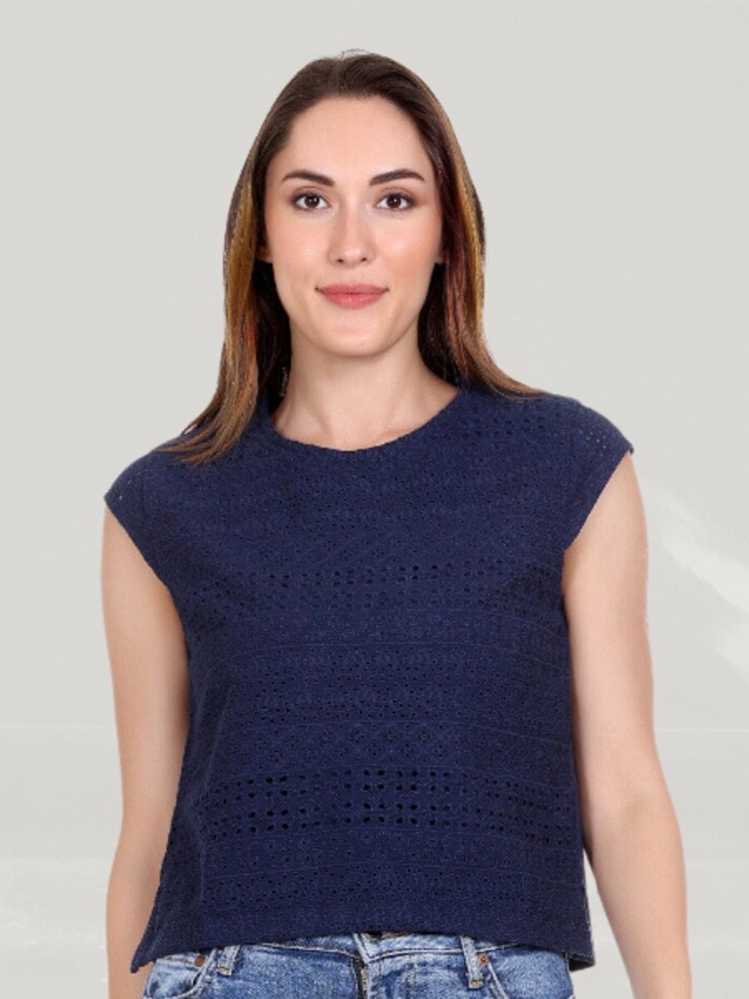 Moda Elementi Self Design Cap Sleeves Cotton Top, Navy blue