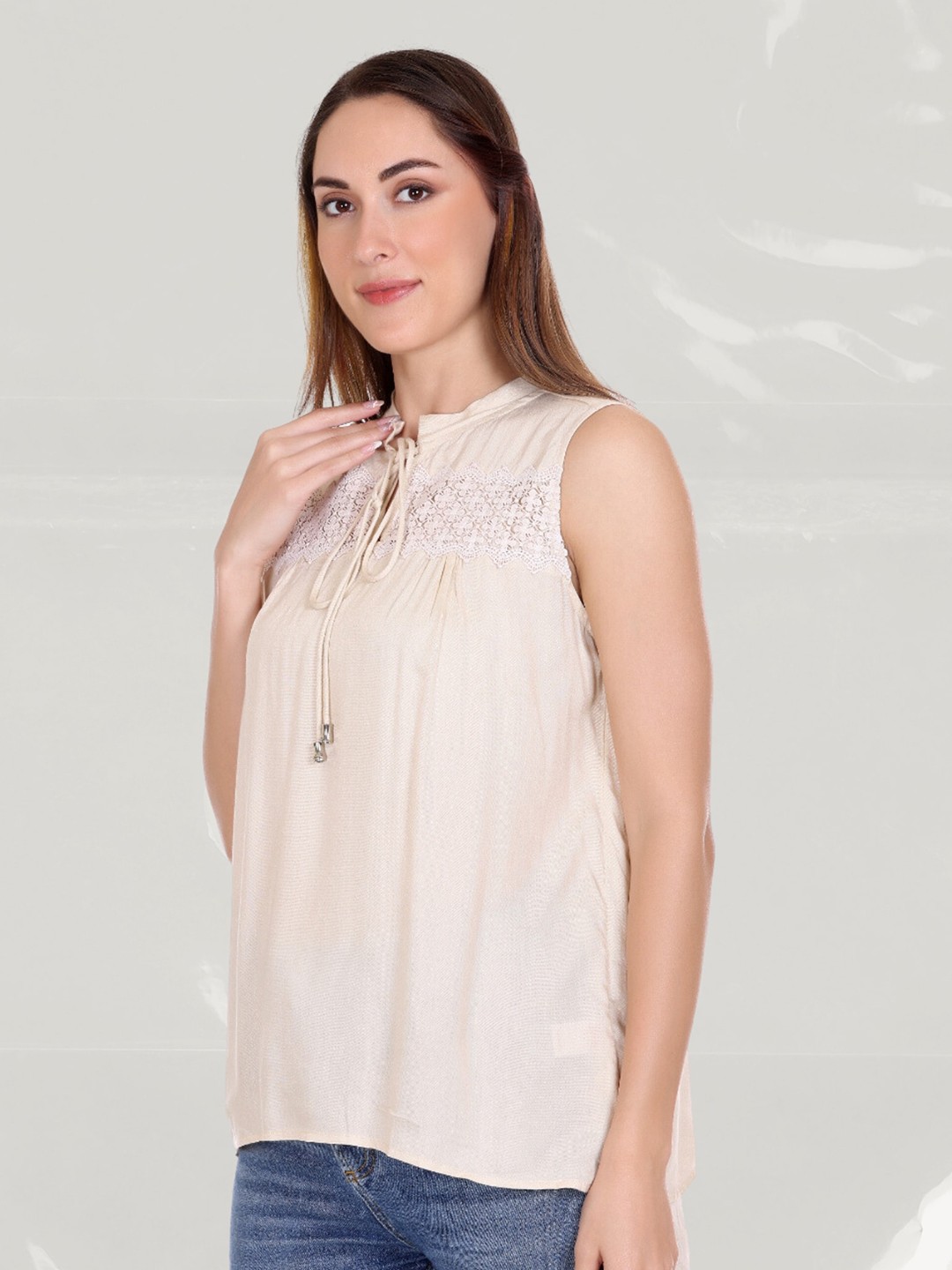 

Moda Elementi Self Design Tie-Up Neck Styled Back Cotton Top, Beige