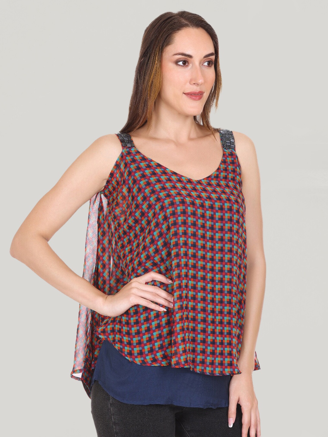 

Moda Elementi Geometric Printed Shoulder Strap Top, Red