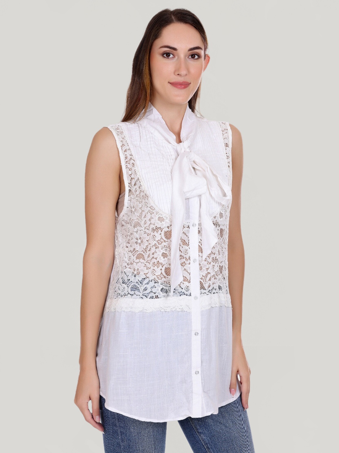 

Moda Elementi Self Design Tie-Up Neck Semi Sheer Cotton Lace Shirt Style Top, White