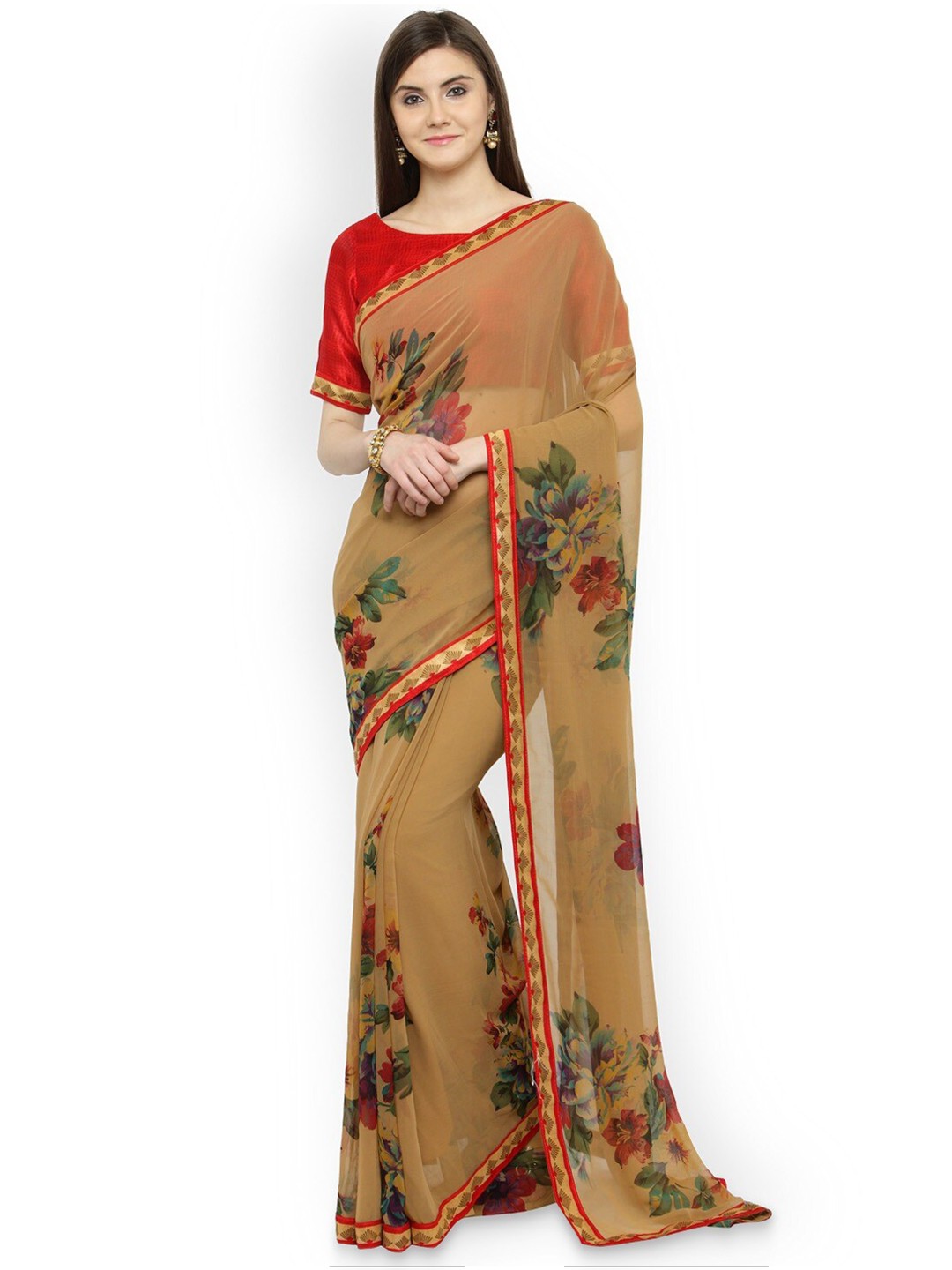 

Shaily Brown & Red Floral Printed Pure Georgette Saree