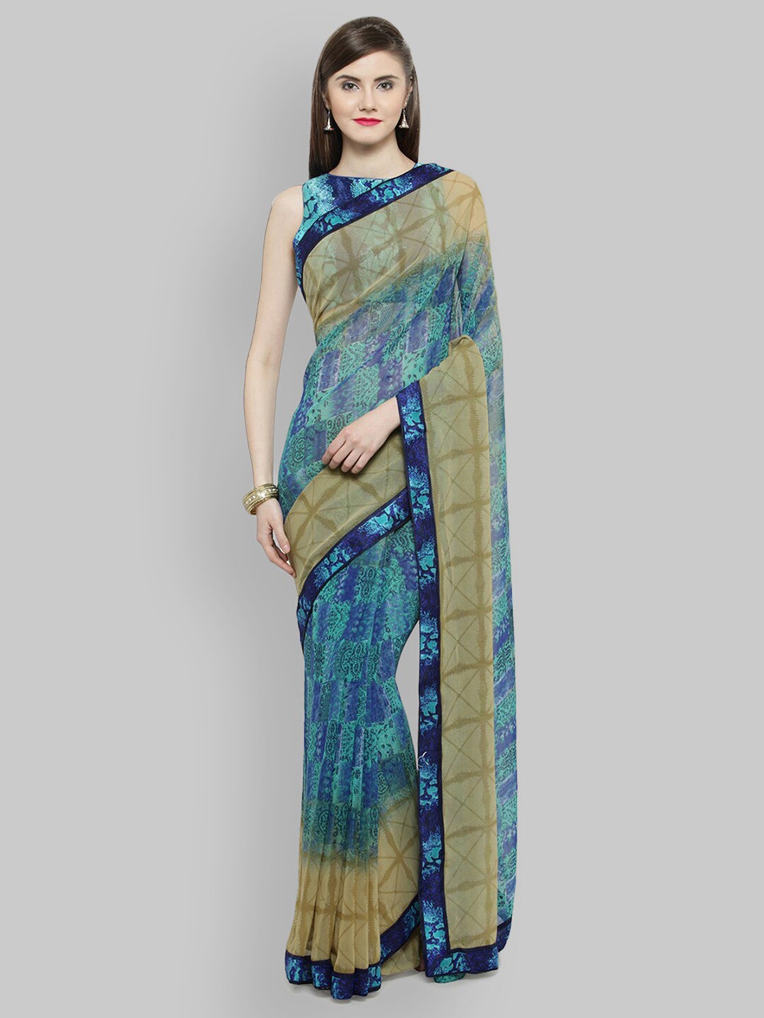 

Shaily Blue & Green Abstract Printed Pure Georgette Saree