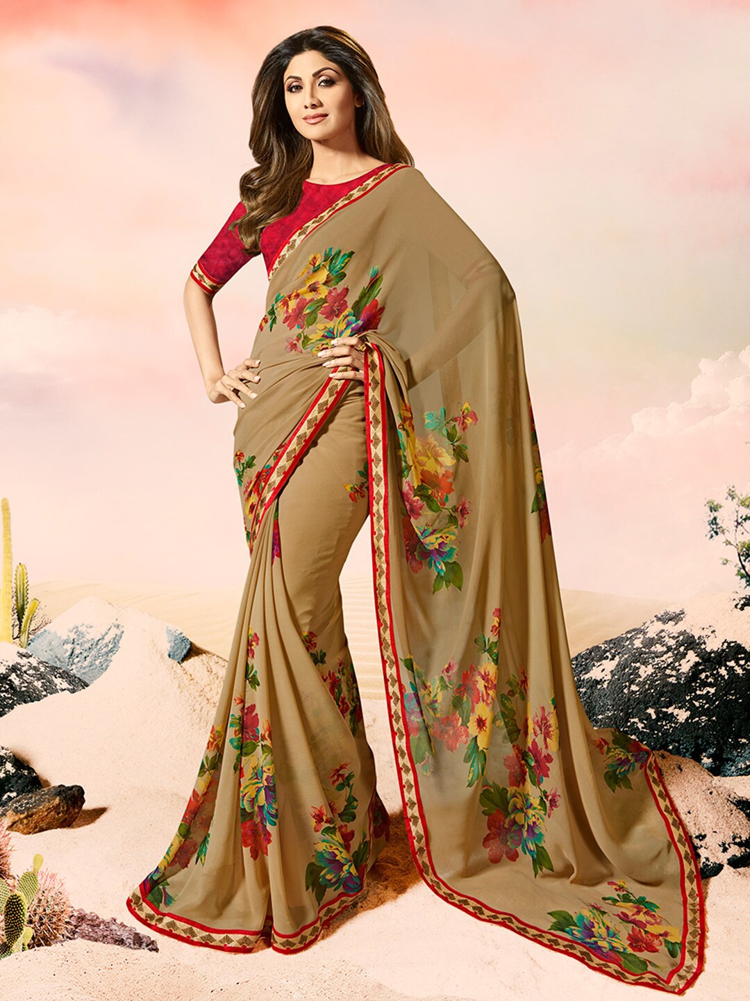 

Shaily Brown & Red Floral Printed Pure Georgette Saree