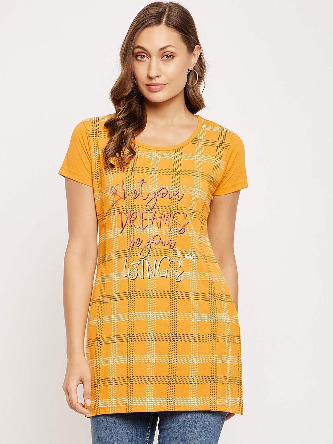 

VERO AMORE Checked Cotton Longline T-shirt, Mustard