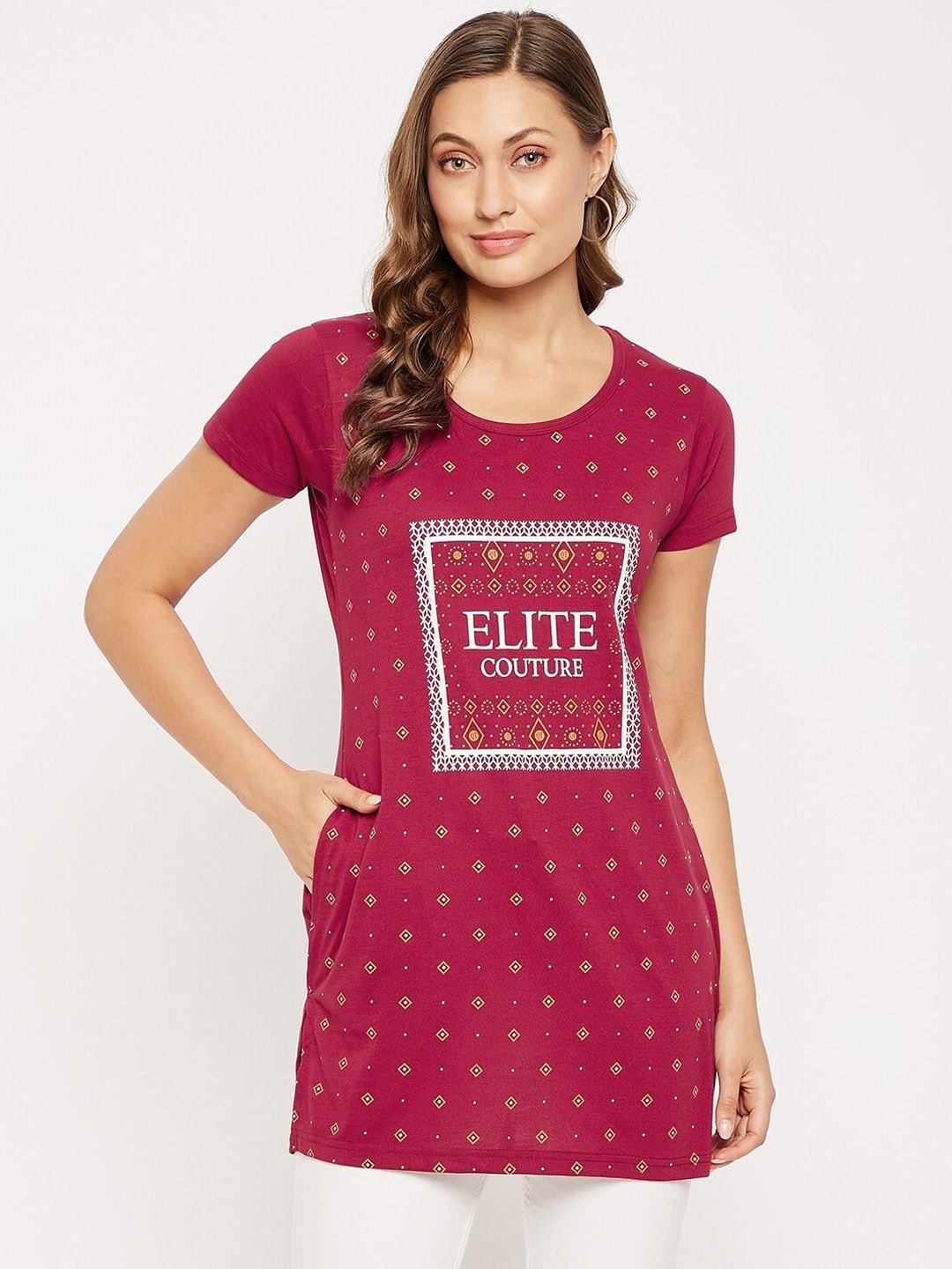 

VERO AMORE Typography Printed Pure Cotton Longline T-shirt, Pink