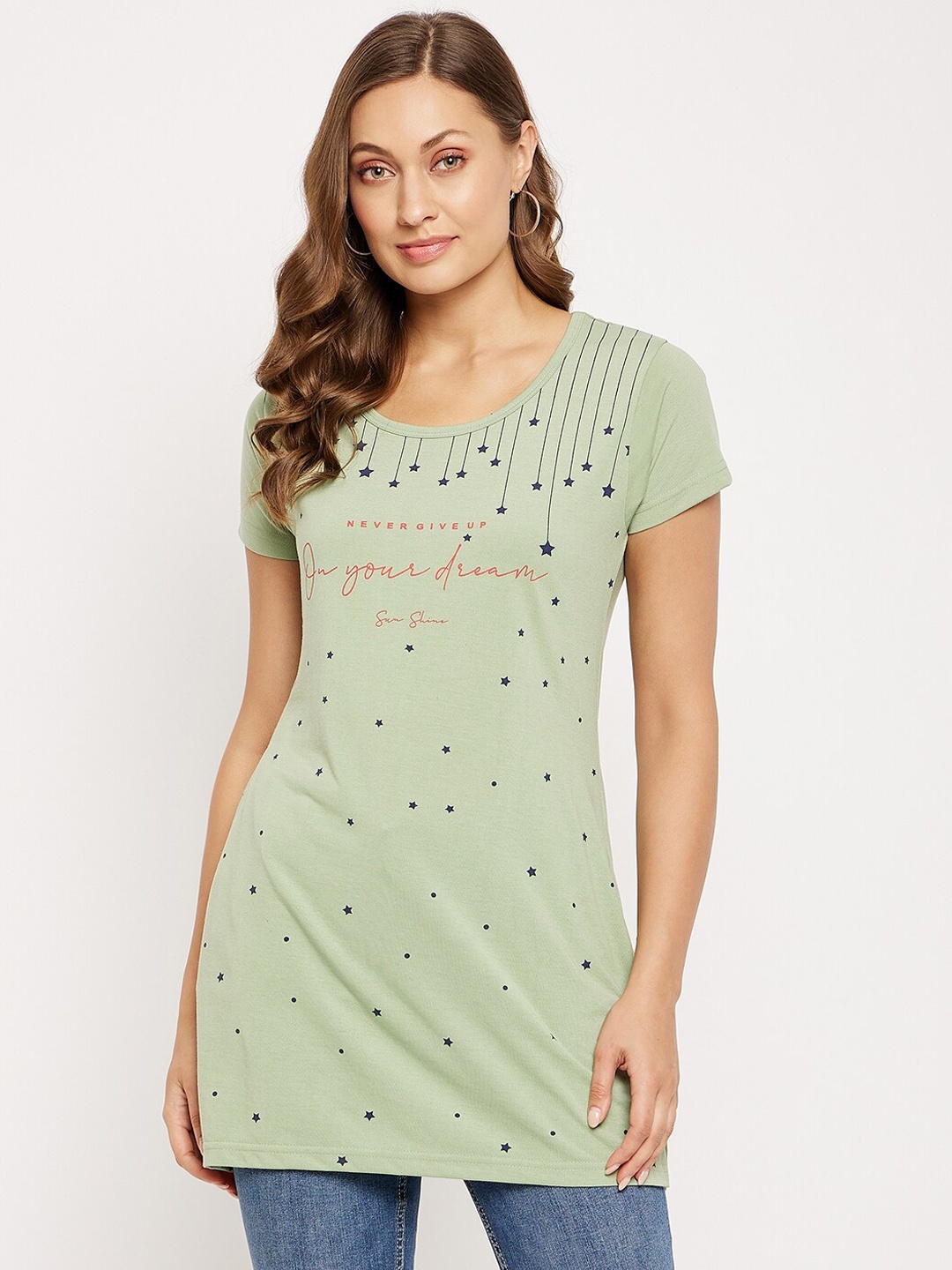 

VERO AMORE Conversational Printed Longline Cotton T-Shirt, Green