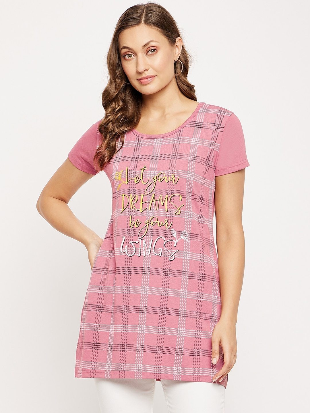 

VERO AMORE Typography Printed Cotton Longline T-shirt, Pink