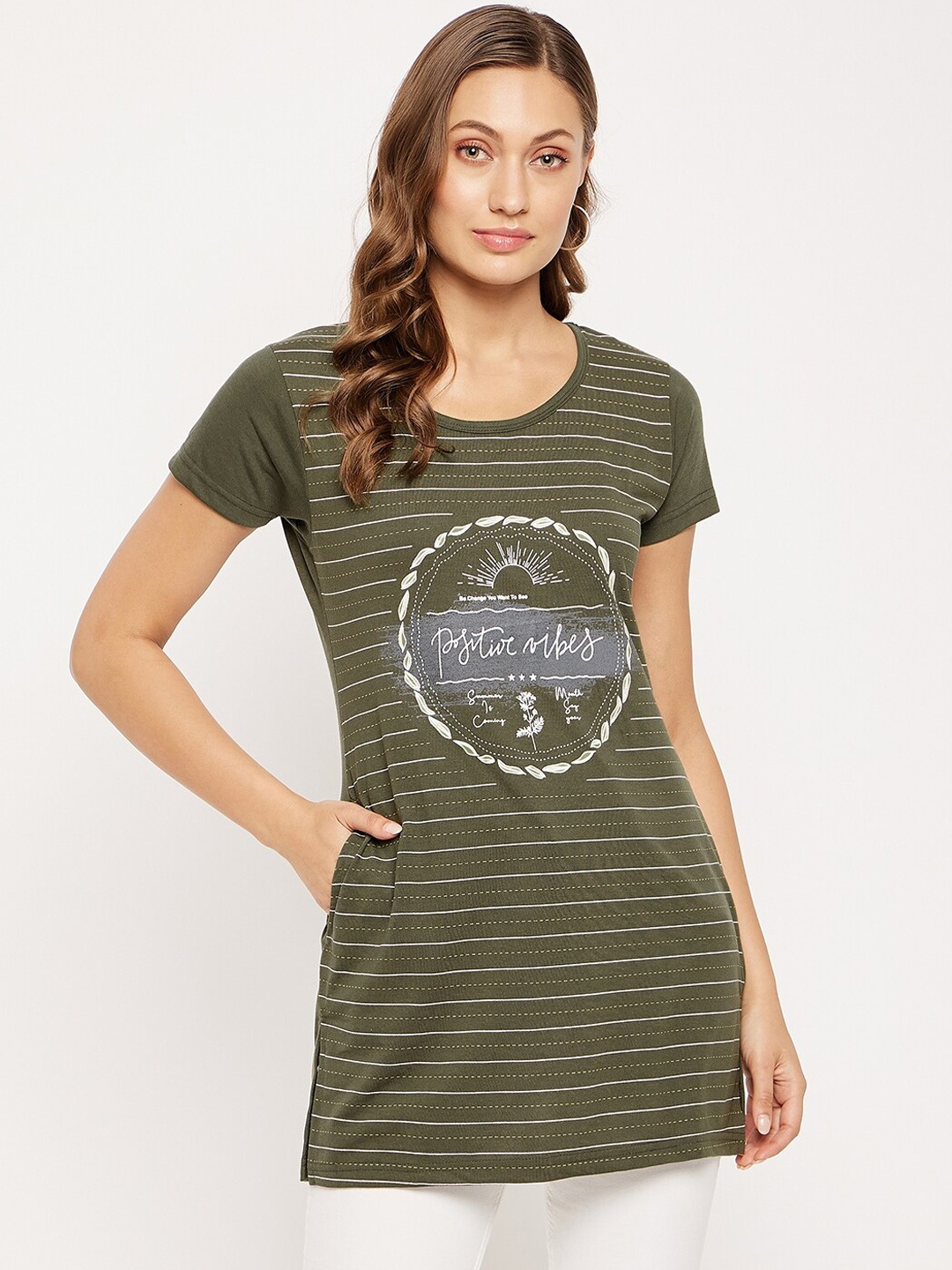 

VERO AMORE Striped & Typography Printed Pure Cotton Longline T-shirt, Olive