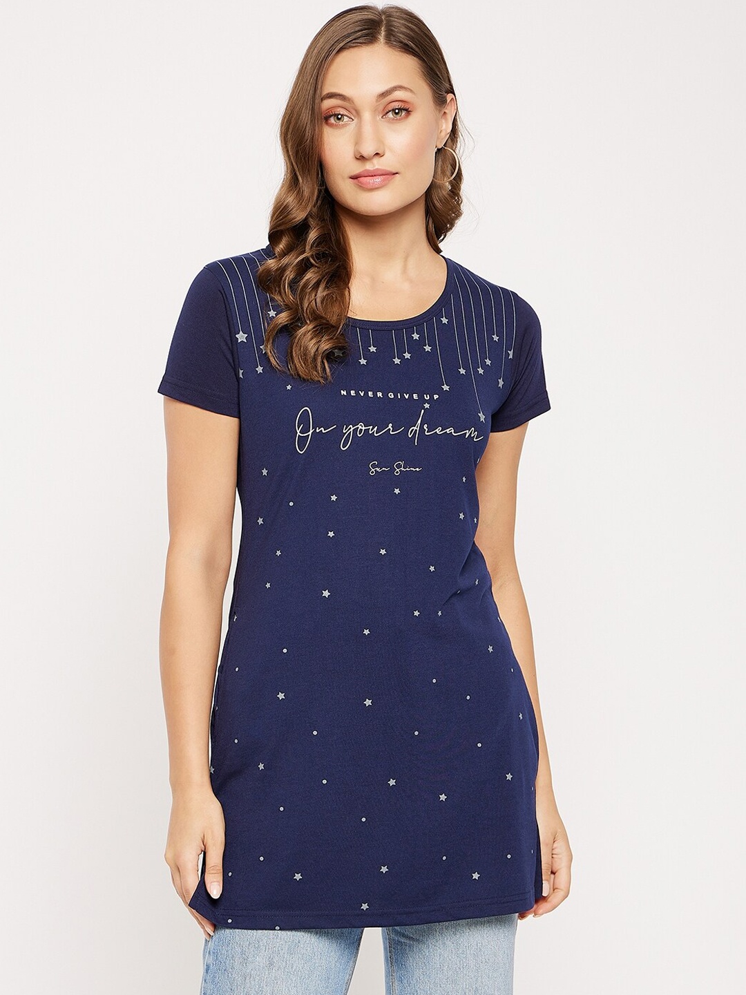 

VERO AMORE Conversational Printed Longline Cotton T-Shirt, Navy blue