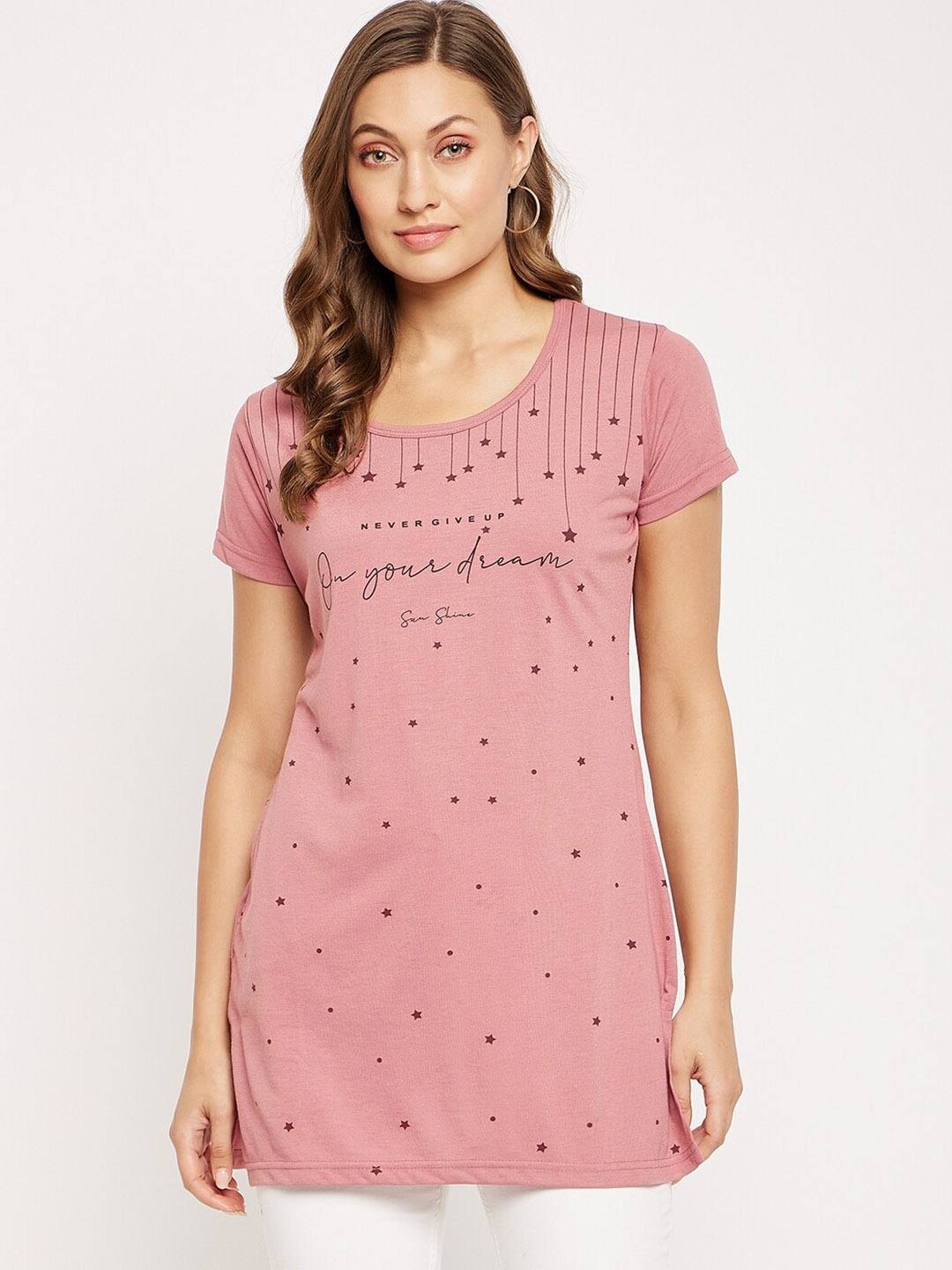 

VERO AMORE Geometric Printed Cotton Longline T-shirt, Pink