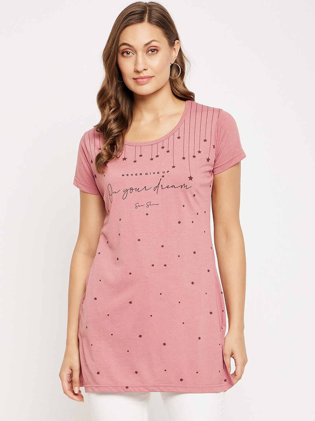 

VERO AMORE Conversational Printed Cotton Longline T-shirt, Pink